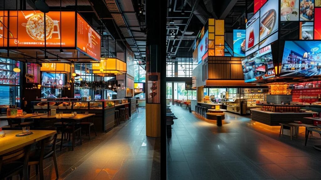 un vibrante restaurante moderno, dividido en dos mitades: a la izquierda, una bulliciosa zona de marketing tradicional con carteles coloridos y mesas llenas, y a la derecha, una atmósfera contemporánea donde pantallas digitales exhiben publicidad en redes sociales, iluminado por luces cálidas que resaltan la energía del lugar.