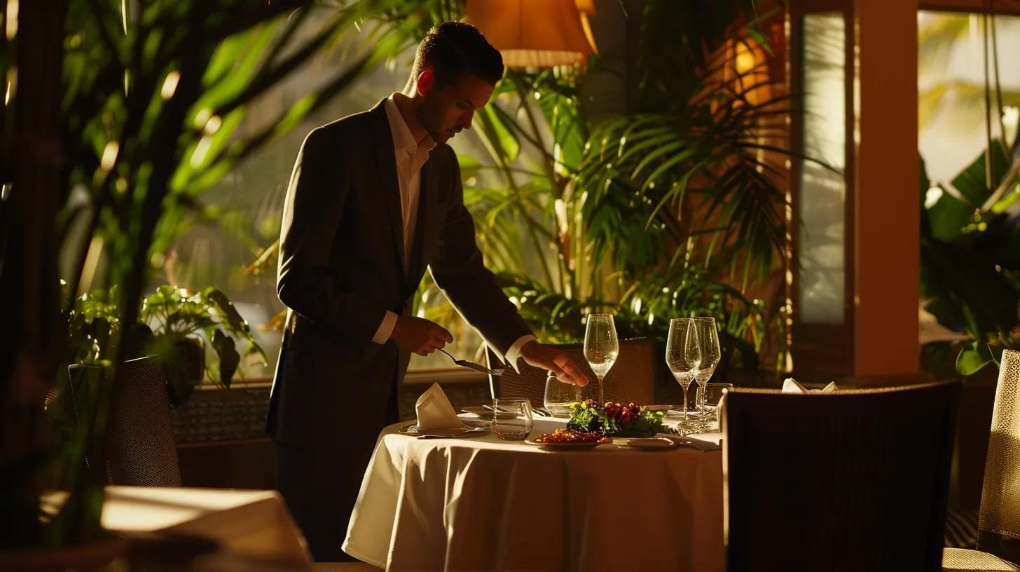 una mesa elegantemente dispuesta en un restaurante, con platos gourmet artísticamente presentados y un sommelier revisando una carta de vinos, simbolizando la distinción entre consultoría gastronómica y asesoría general.