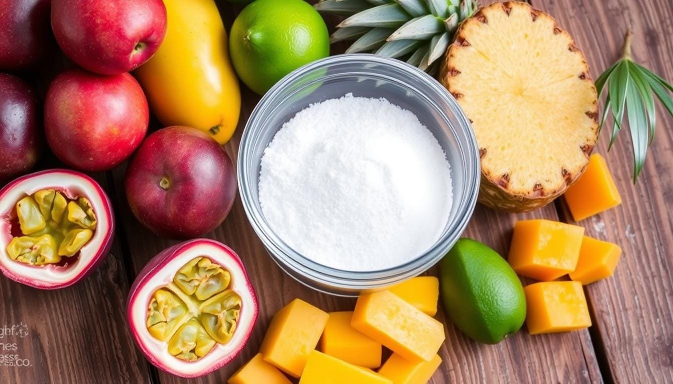 Ingredientes para sorbete de fruta de la pasión Ingredientes para sorbete de fruta de la pasión