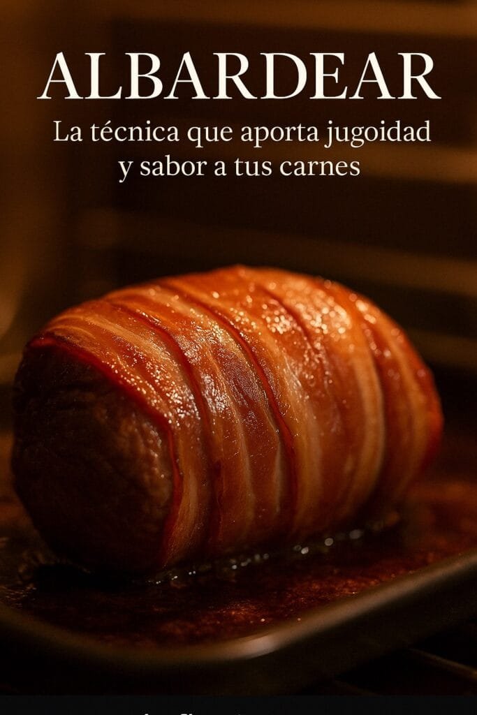 Albardear es una técnica culinaria tradicional que consiste en recubrir una pieza de carne, ave o pescado con láminas finas de tocino o panceta antes de su cocción.