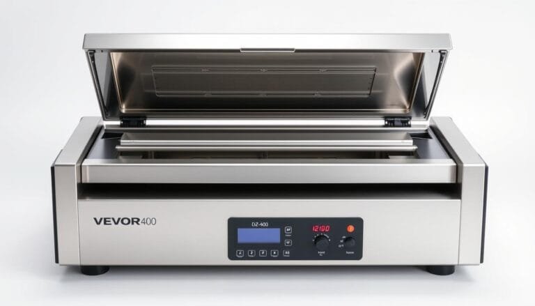 Máquina de vacío profesional VEVOR DZ-400 con cámara de vacío abierta mostrando la barra de soldadura