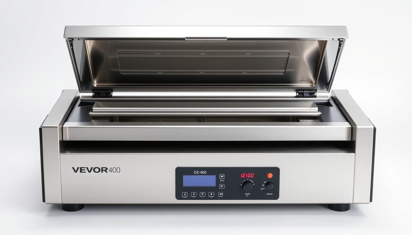 Máquina de vacío profesional VEVOR DZ-400 con cámara de vacío abierta mostrando la barra de soldadura