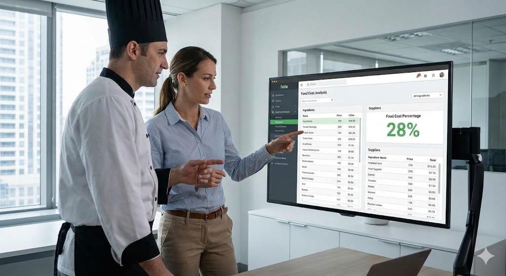 La siguiente imagen muestra cómo un chef y un gerente colaboran analizando métricas críticas como el porcentaje de coste de materia prima, un paso fundamental para la rentabilidad.