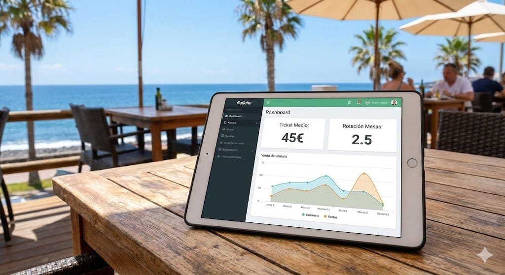 Para ilustrar cómo un dashboard se adapta al entorno, observa esta imagen donde los datos se consultan en una terraza costera, un escenario típico en zonas turísticas como Canarias - Chefbusiness.co