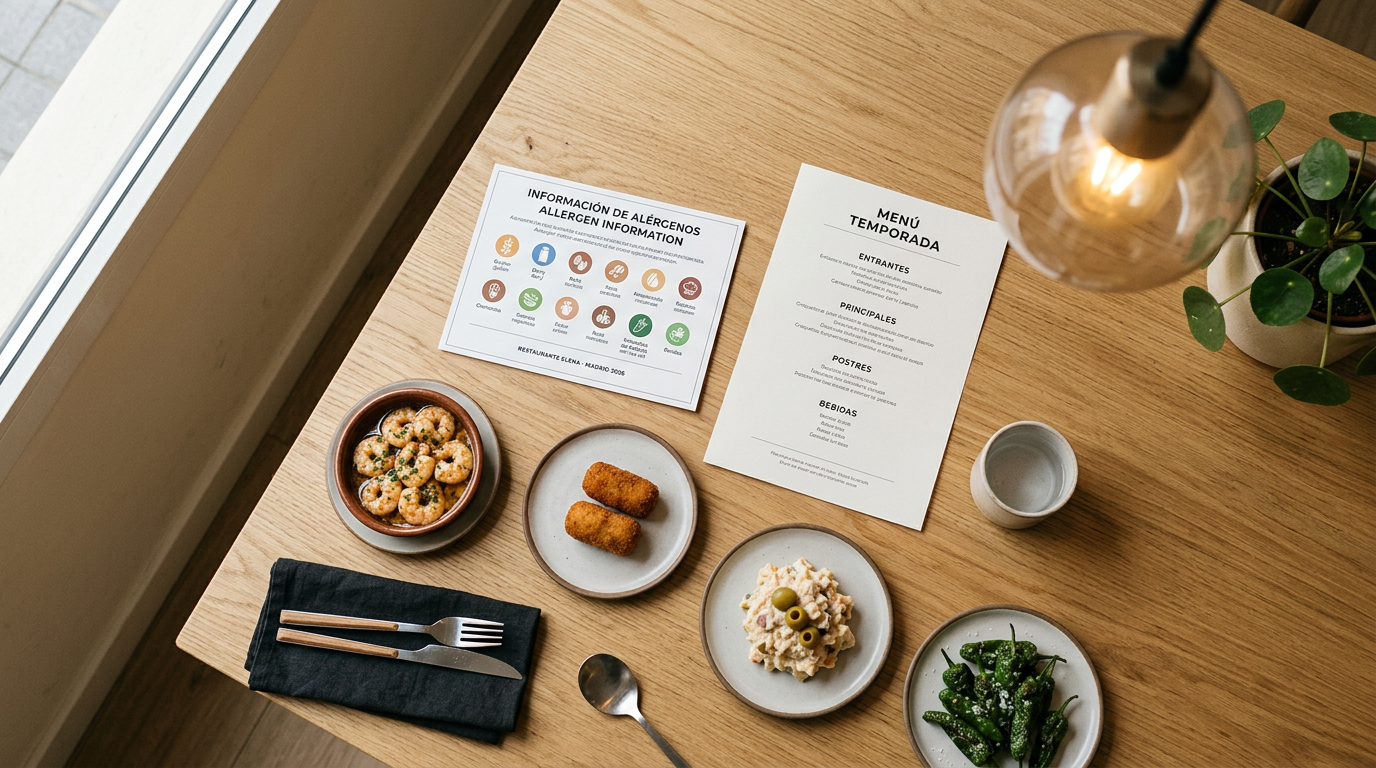 Carta de alérgenos junto al menú de restaurante con identificación de ingredientes