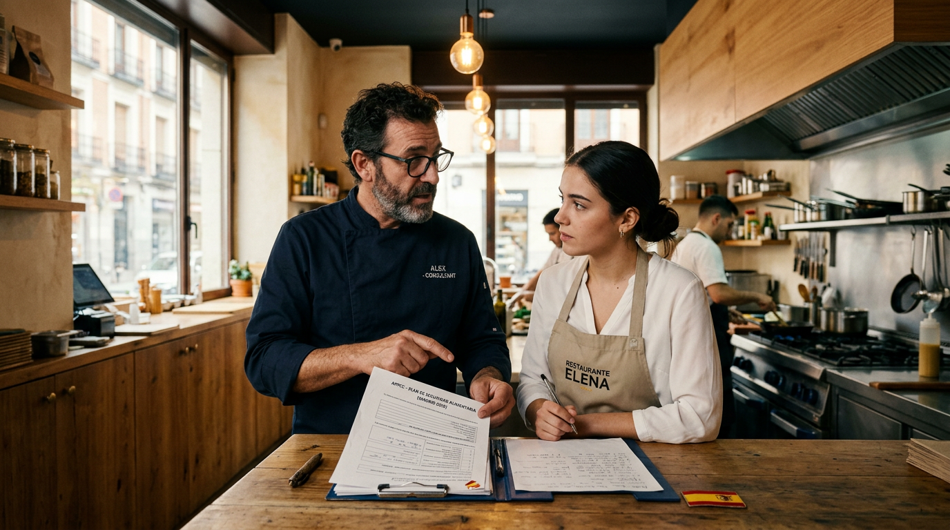 Consultor explicando normativa de alérgenos a gerente de restaurante