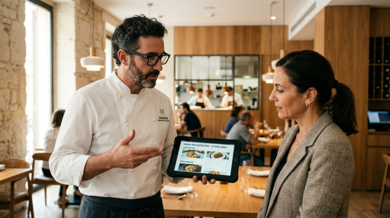 Consultor gastronómico mostrando carta digital en restaurante de Madrid