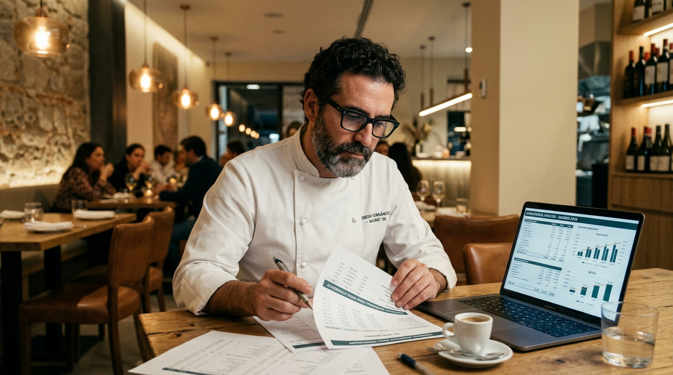 Consultor gastronómico revisando precios y tarifas en restaurante de Madrid