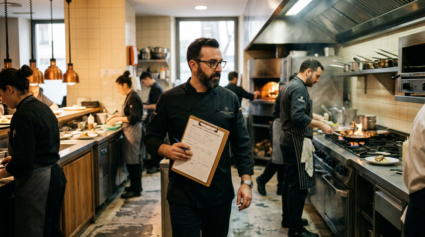 Consultor gastronómico evaluando operativa de cocina en restaurante