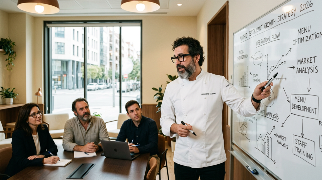 Consultor de restaurantes presentando plan estratégico a propietarios