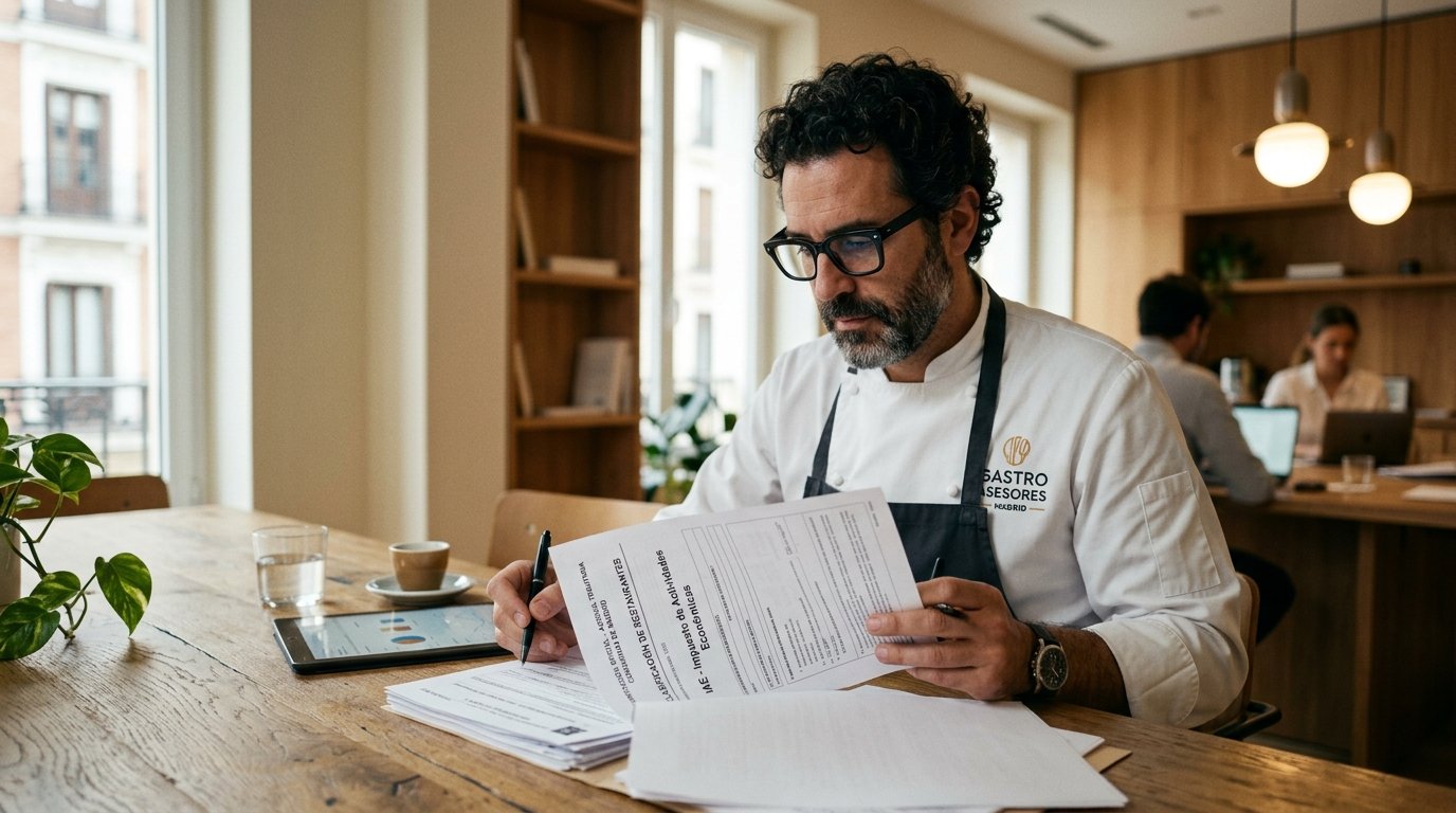 Consultor gastronomico revisando documentacion de clasificacion IAE para restaurante