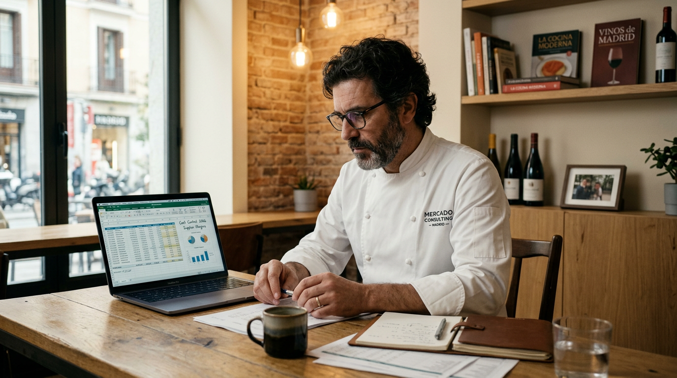 Consultor gastronómico analizando costes de restaurante