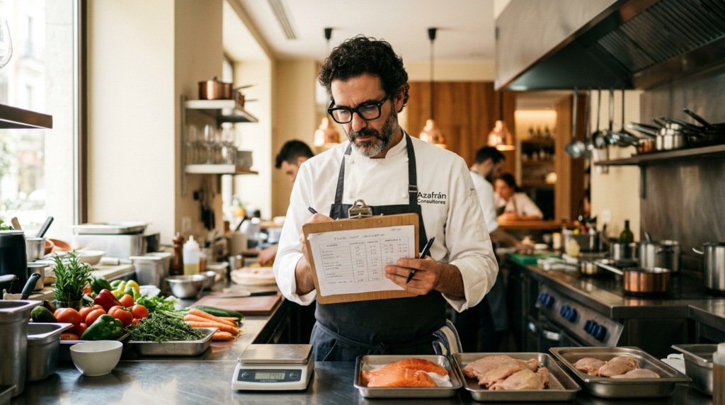 Consultor gastronómico calculando food cost en cocina de restaurante