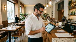 Gestor de restaurante revisando KPIs en dashboard digital