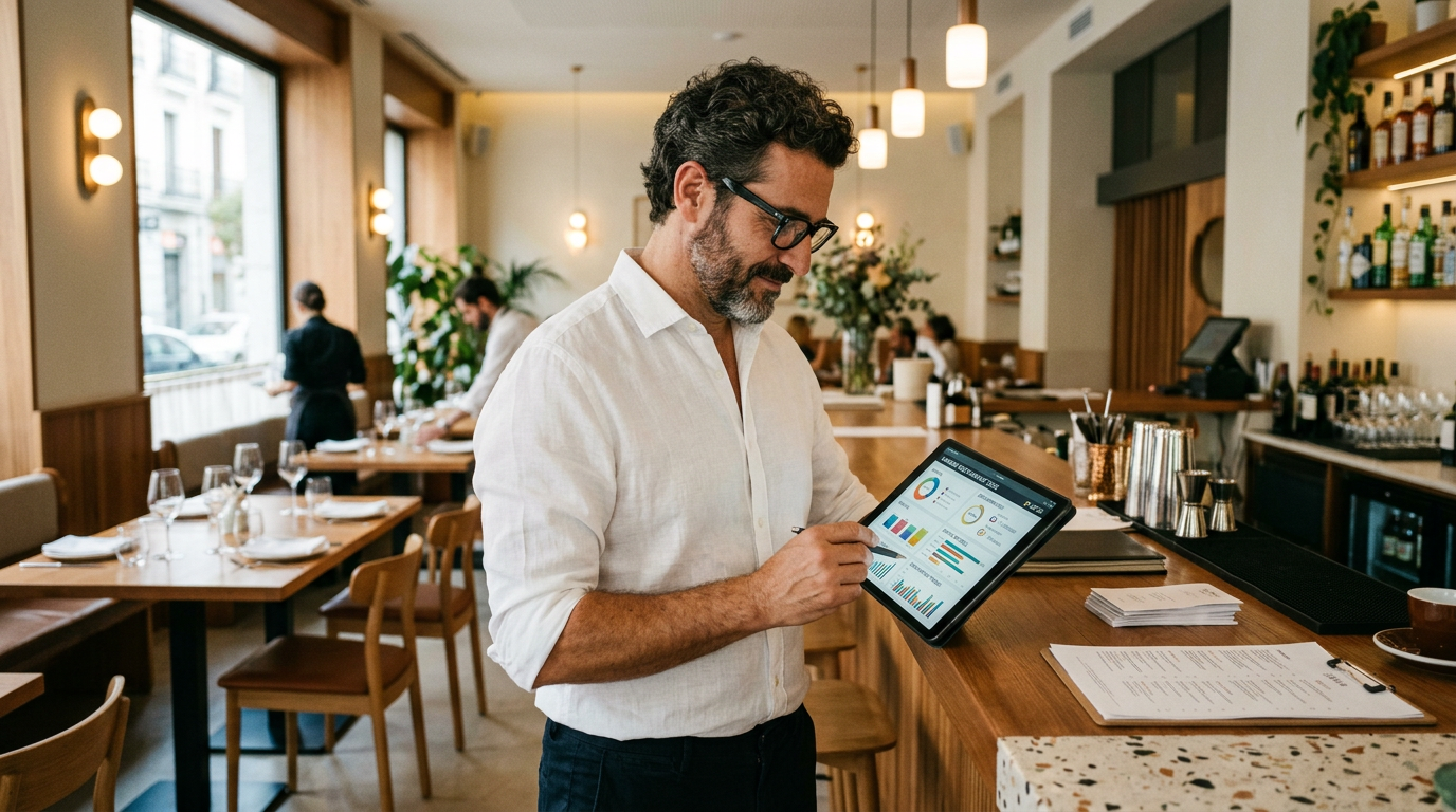 Gestor de restaurante revisando KPIs en dashboard digital
