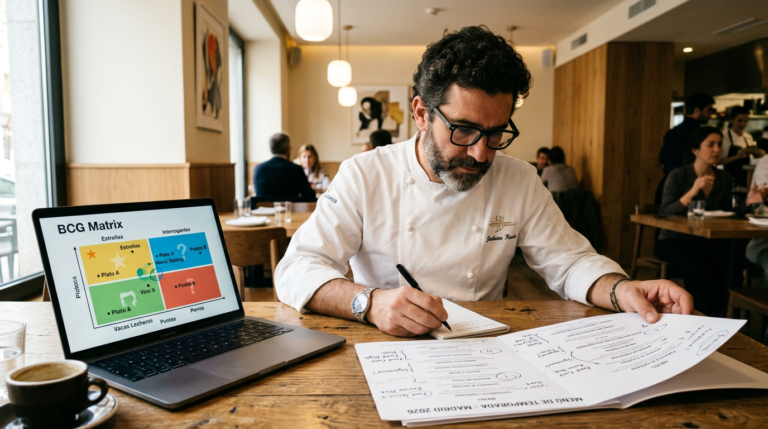 Consultor gastronómico aplicando ingeniería de menú con matriz BCG