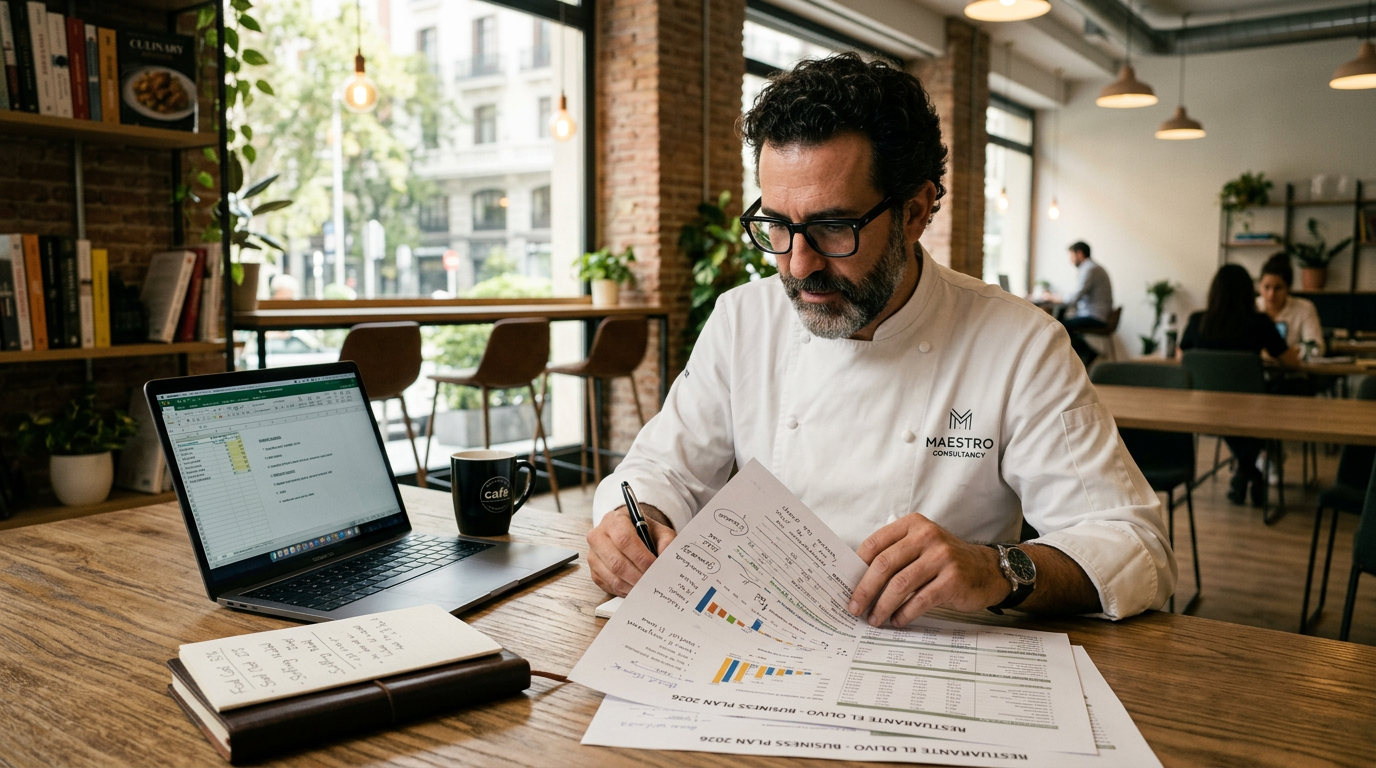 Consultor gastronómico revisando plan de negocio de restaurante