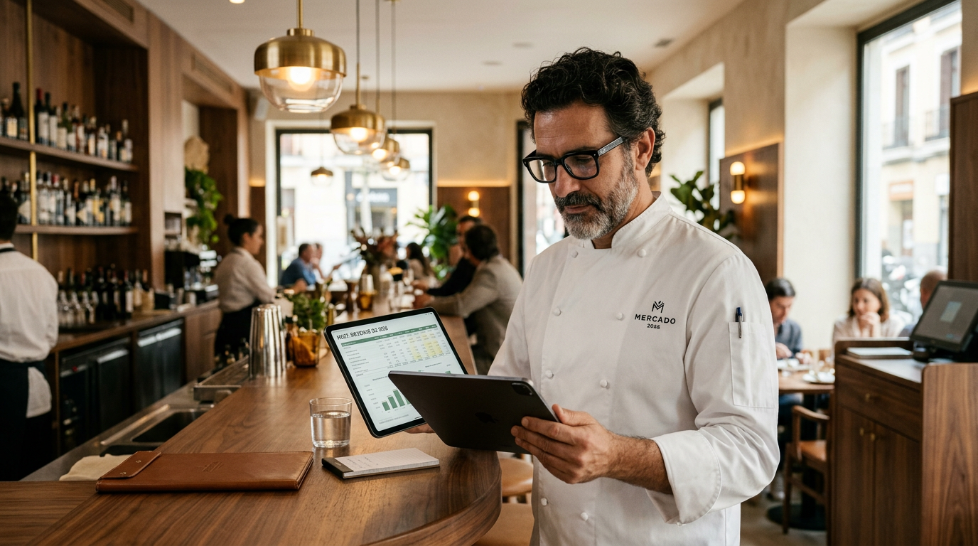 Consultor analizando rentabilidad de restaurante con datos financieros