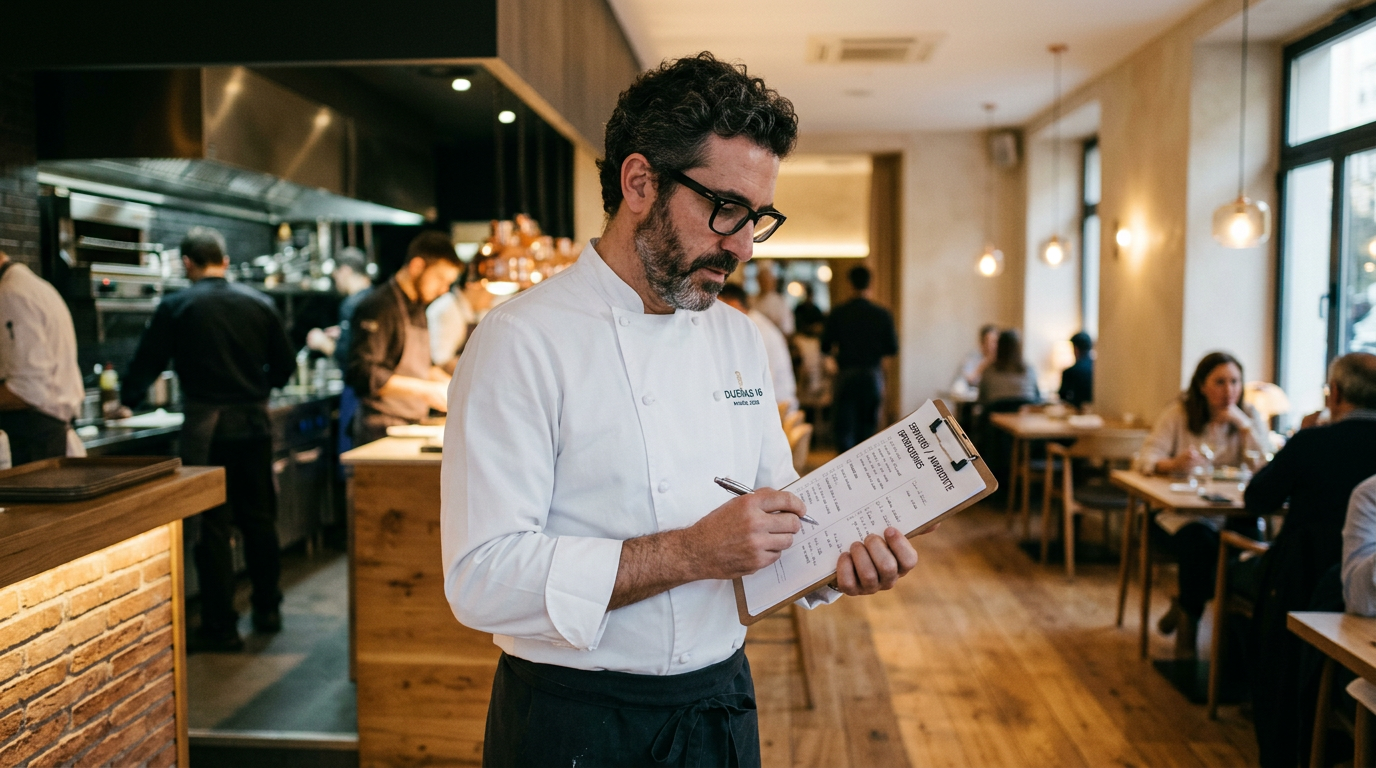 Consultor gastronómico evaluando operativa de restaurante