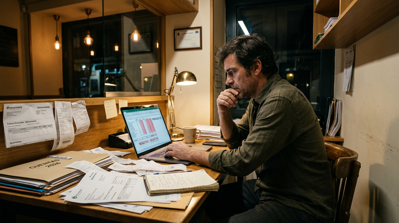 Propietario de restaurante revisando números de rentabilidad