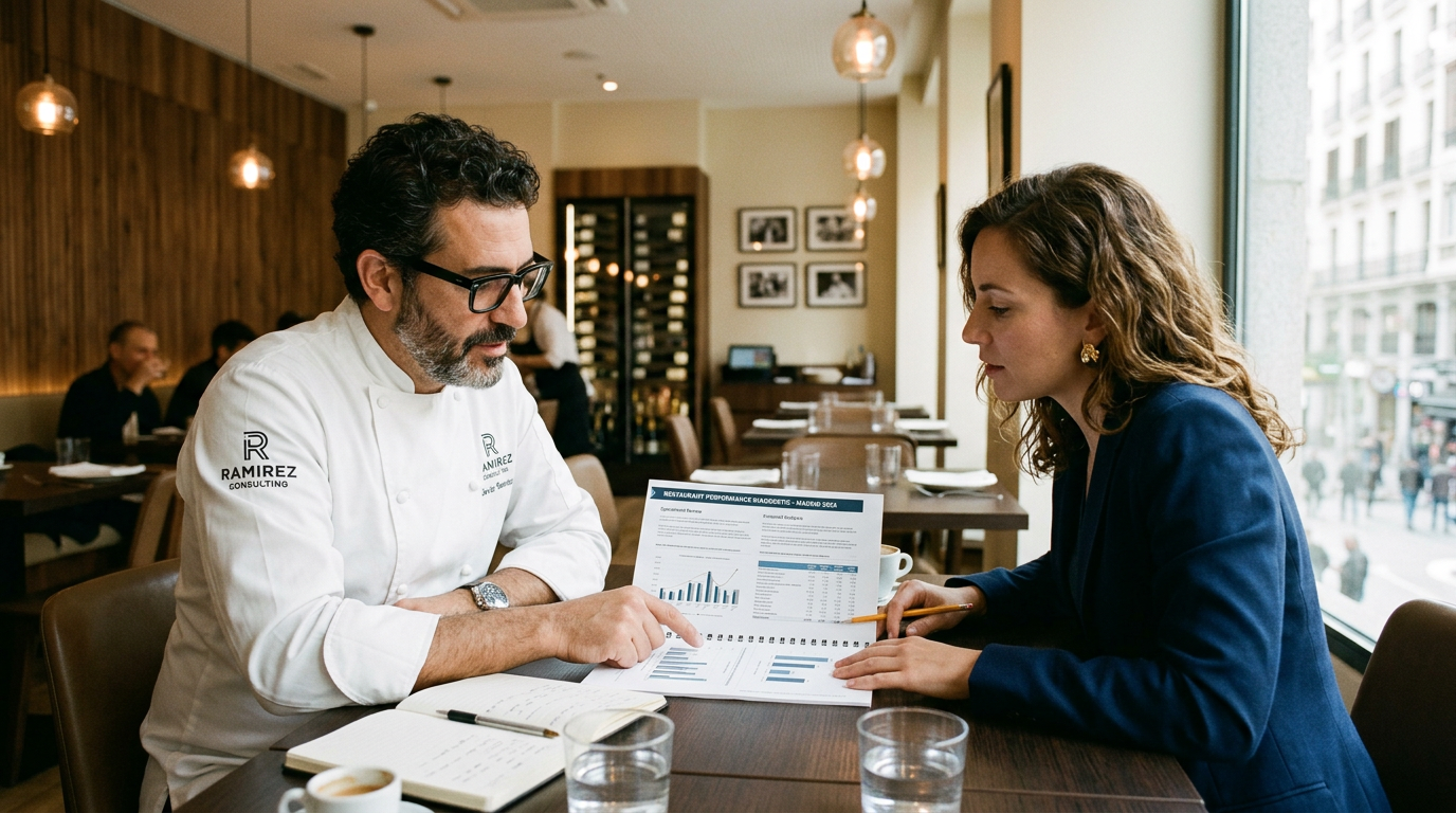 Reunión entre consultor gastronómico y propietario de restaurante en Madrid