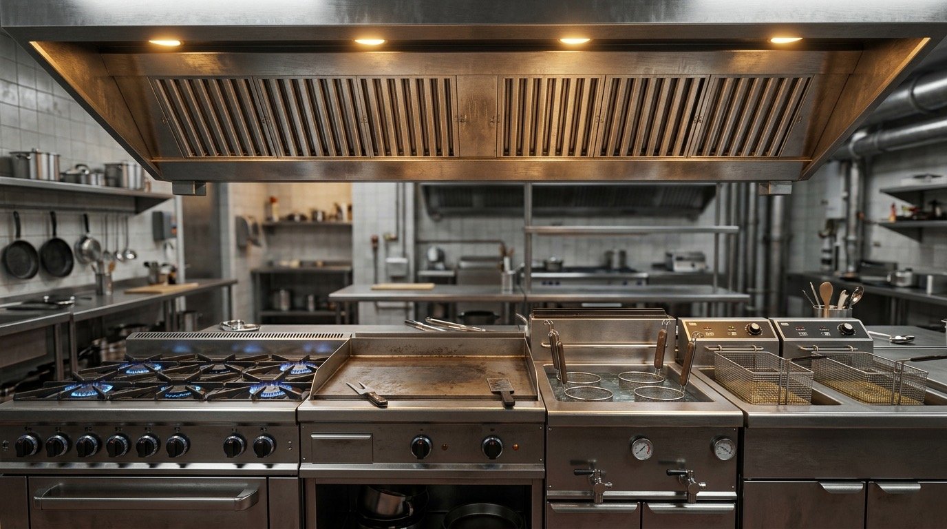 Bloque de coccion profesional para restaurante con plancha, fogones y freidora industrial