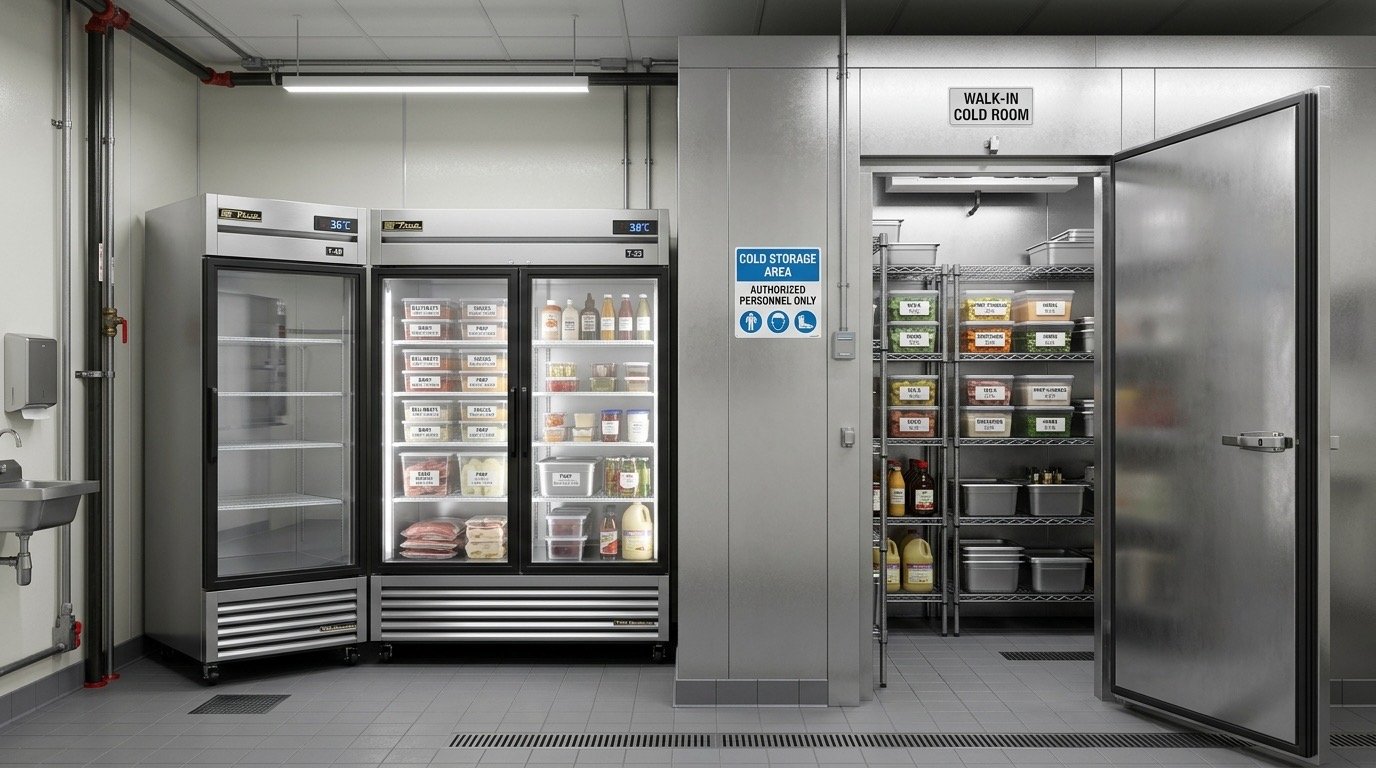 Zona de almacen y camaras frigorificas en cocina profesional de restaurante