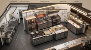 Diseño de cocina profesional para restaurante con equipamiento industrial completo 2026