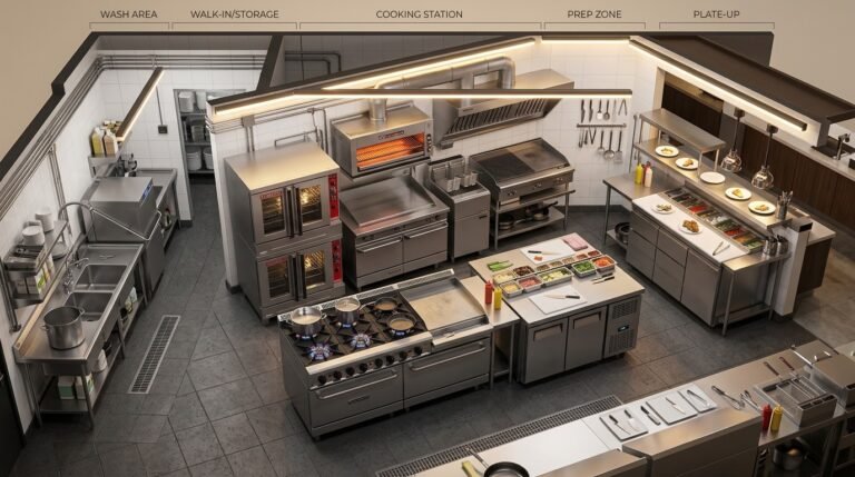 Diseño de cocina profesional para restaurante con equipamiento industrial completo 2026