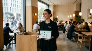 Hostess de restaurante en Madrid con tablet mostrando software de gestion de reservas CoverManager