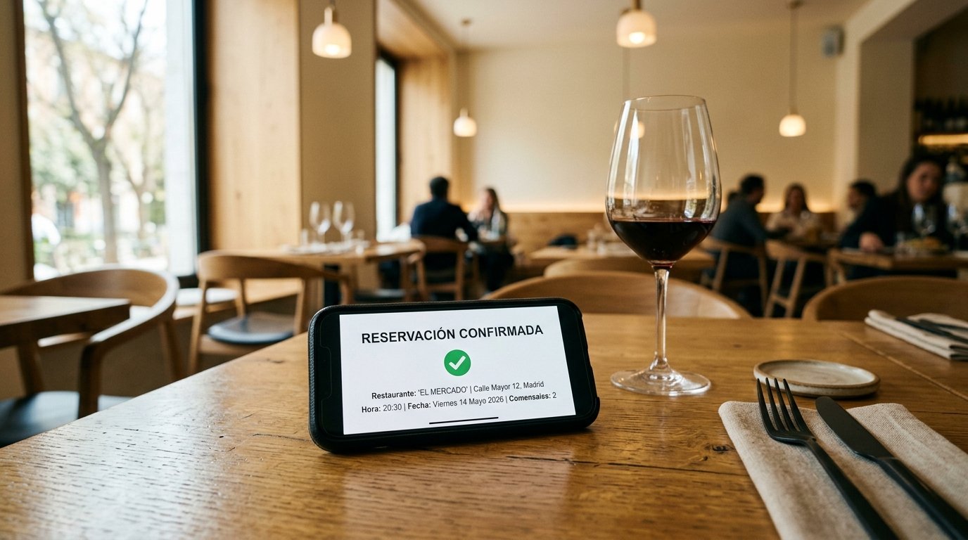 Movil mostrando confirmacion de reserva en restaurante con copa de vino