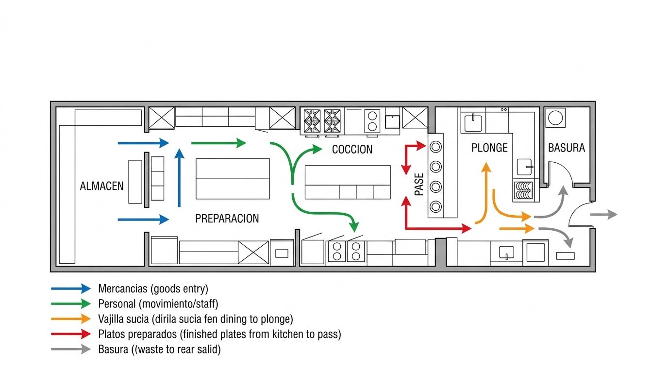 Diagrama de circulacion y flujos de trabajo en cocina profesional: mercancias, personal, vajilla, platos y residuos
