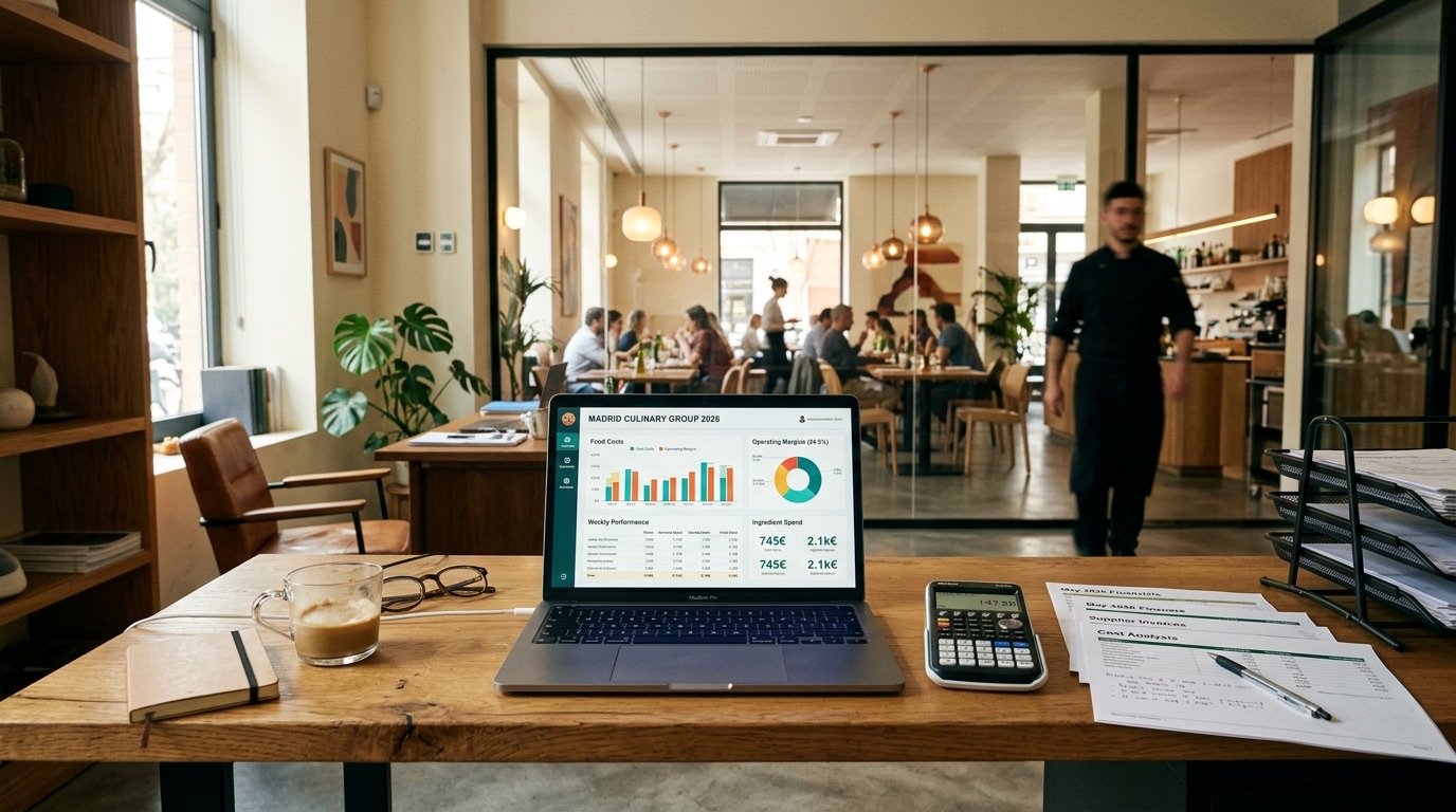 Dashboard de control de costes y margenes de restaurante con graficos de food cost