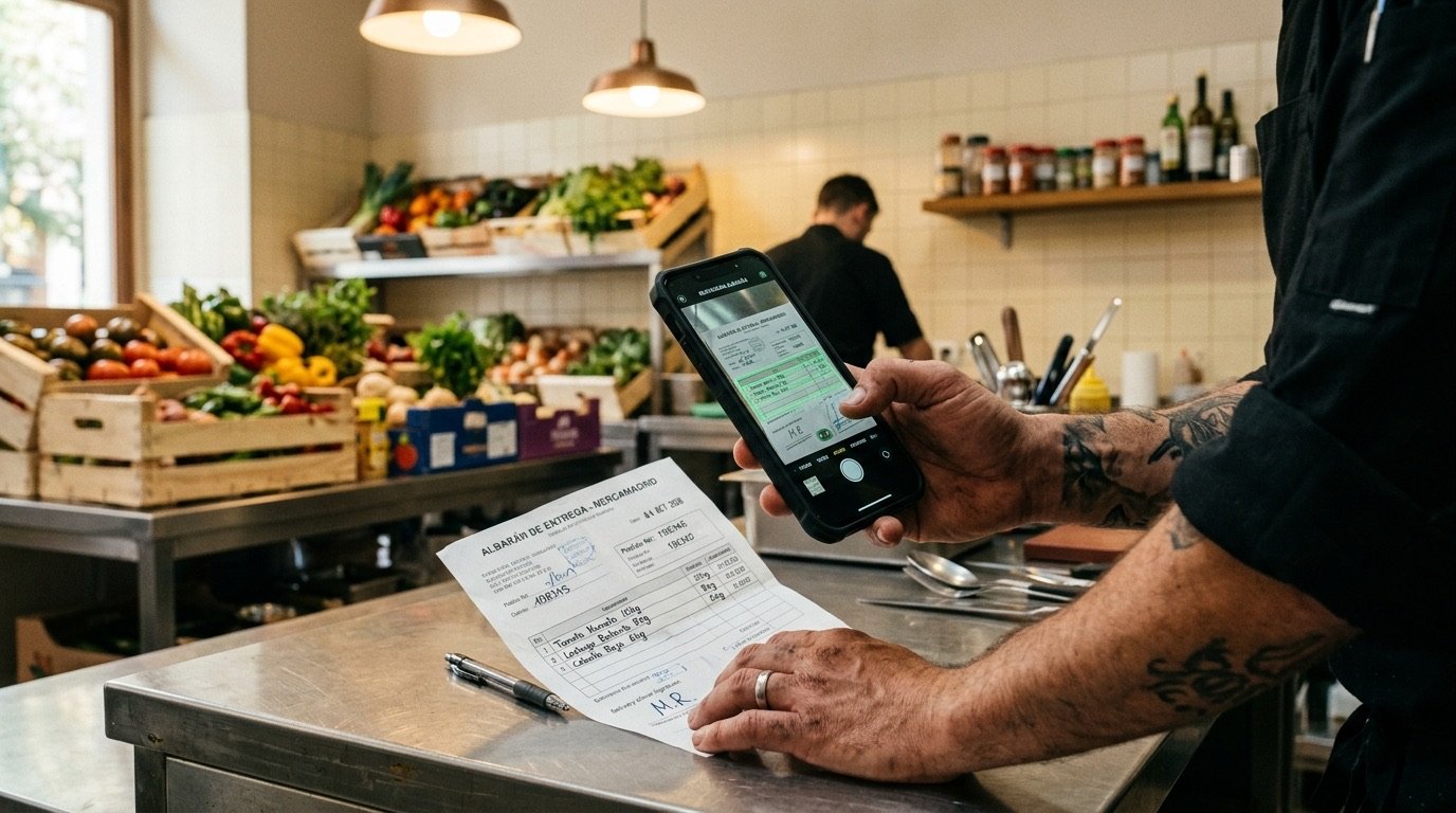 Chef escaneando albaran de proveedor con el movil en cocina de restaurante
