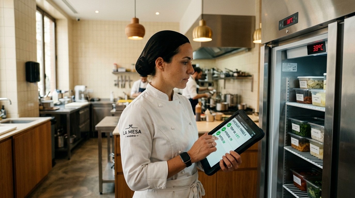 Responsable de cocina realizando checklist APPCC digital con tablet junto a frigorifico industrial