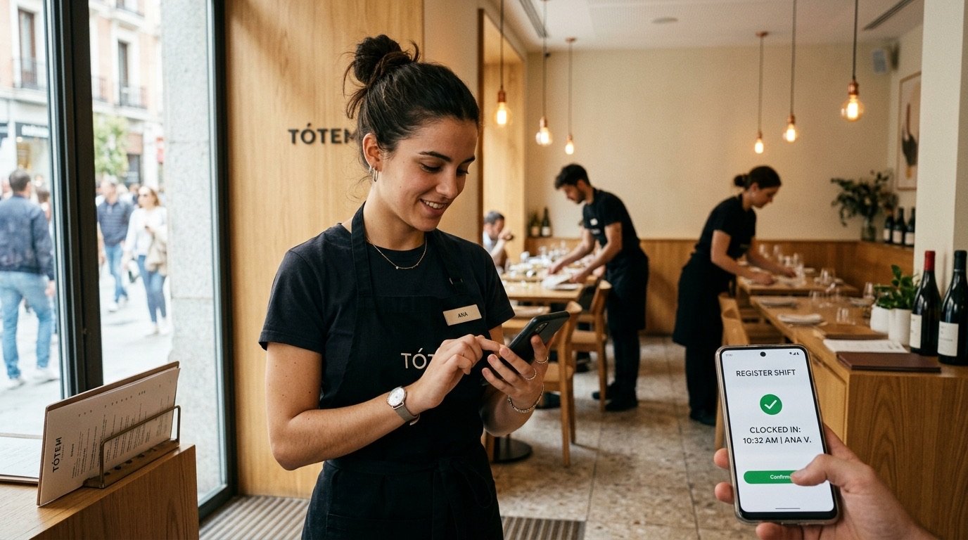 Empleada de restaurante fichando su turno con el movil en la entrada del local