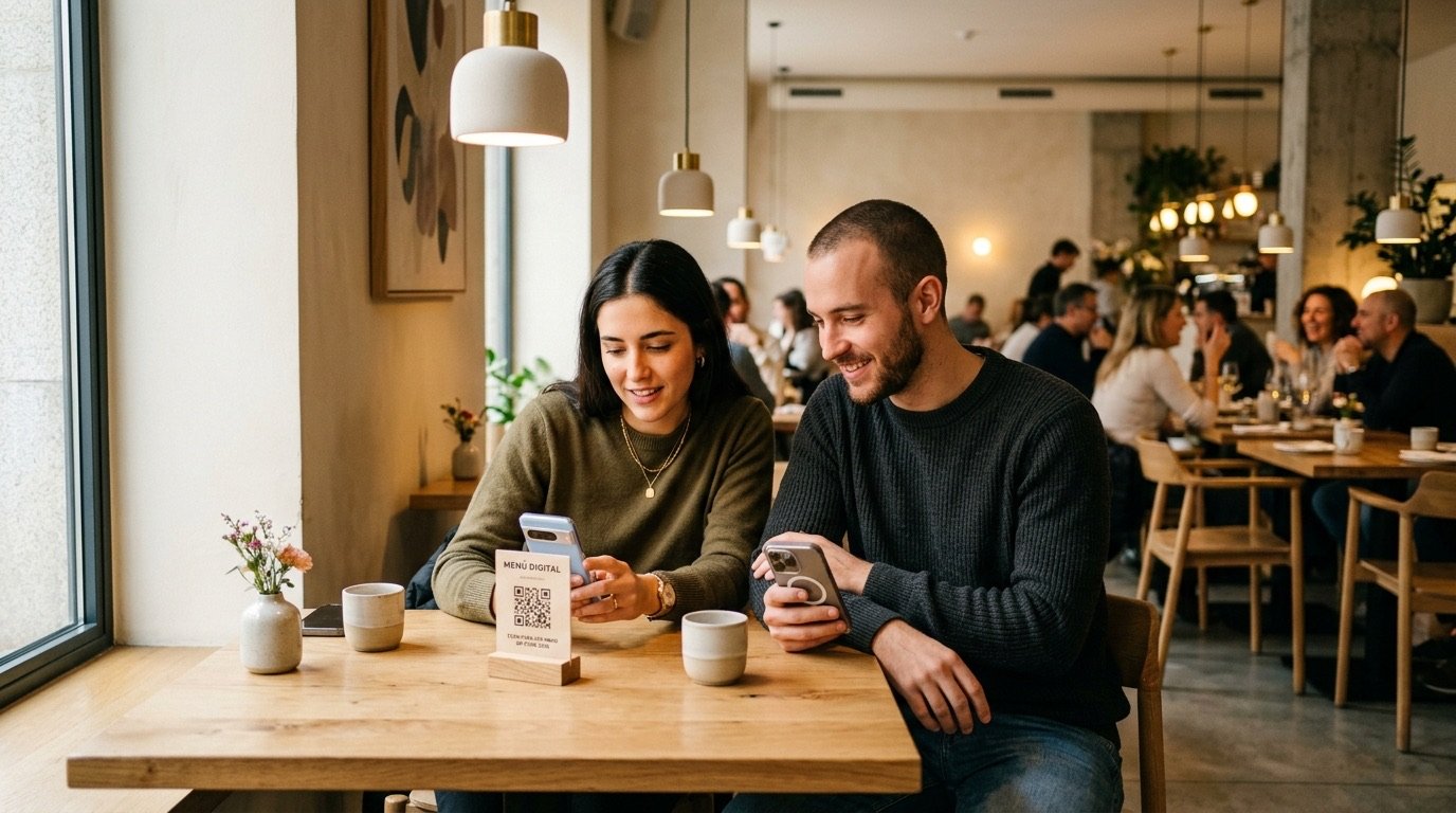 Pareja en restaurante consultando carta digital escaneando codigo QR