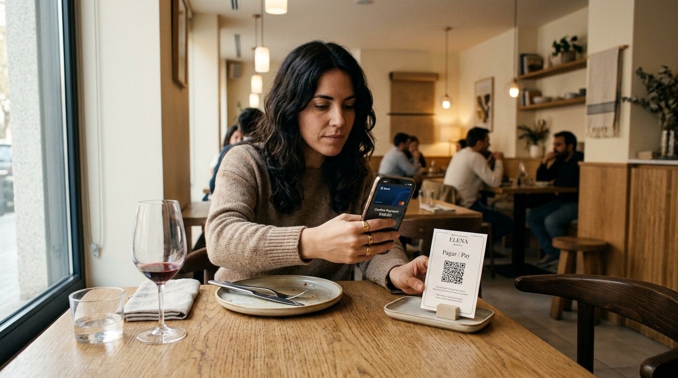 Cliente pagando la cuenta del restaurante escaneando codigo QR con el movil