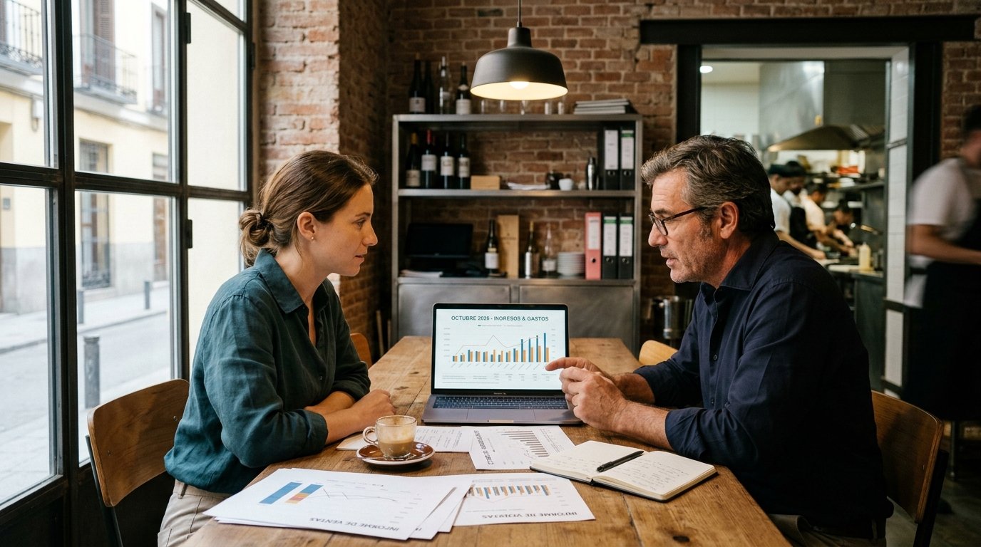 Controller financiera y propietario de restaurante analizando gráficos de rentabilidad en un portátil en el back office