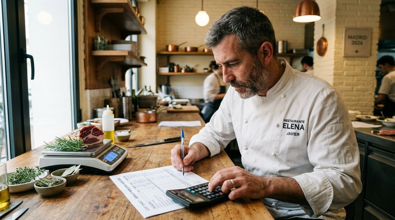 Chef revisando un escandallo impreso con calculadora y báscula digital sobre una mesa de madera