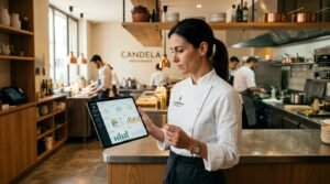Gestora de restaurante revisando el dashboard de tSpoonLab en una tablet dentro de una cocina profesional en Madrid