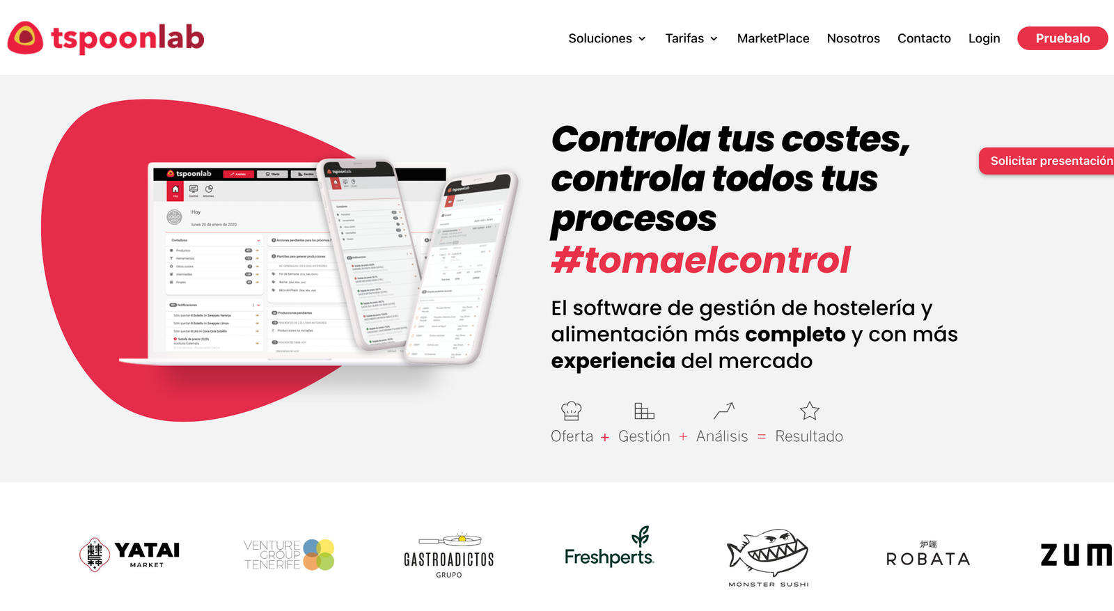 Captura oficial de la home de tspoonlab.com mostrando el lema #tomaelcontrol y la interfaz multidispositivo del software