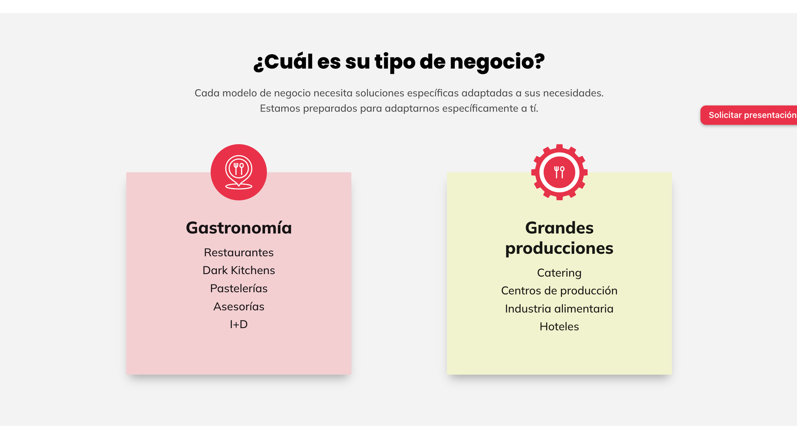 Captura oficial de tSpoonLab mostrando los verticales de negocio soportados: Gastronomía y Grandes producciones