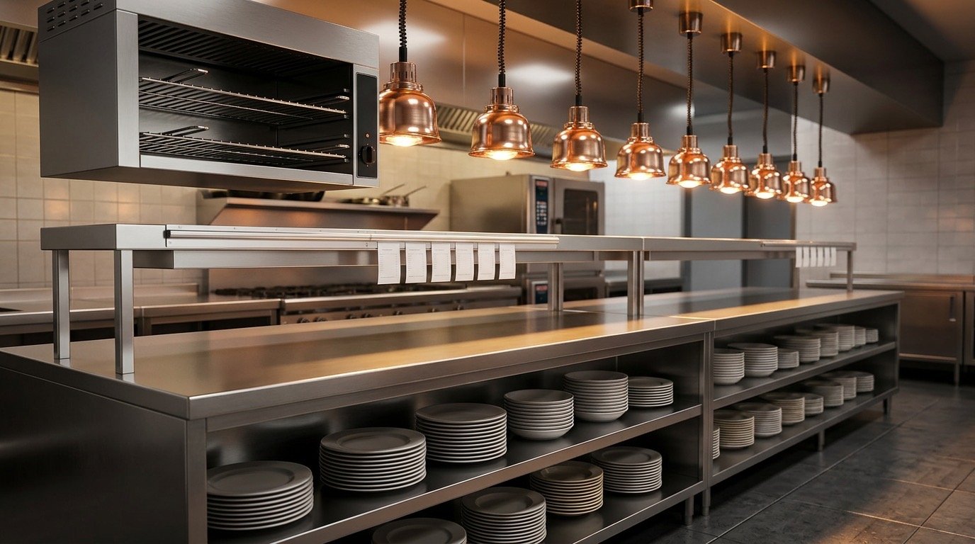 Zona de emplatado y pase en cocina profesional de restaurante con salamandra y mesa caliente