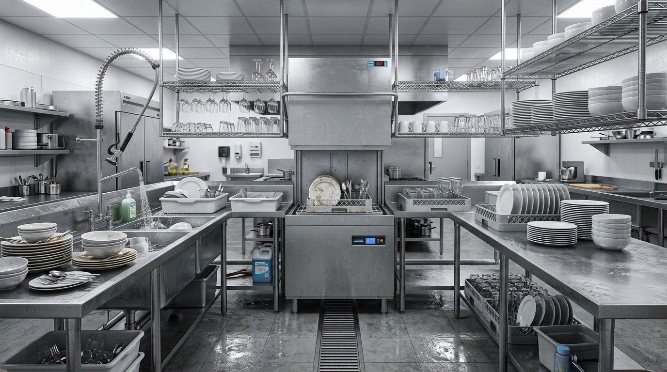 Zona de lavado o plonge en cocina profesional con lavavajillas industrial de capota