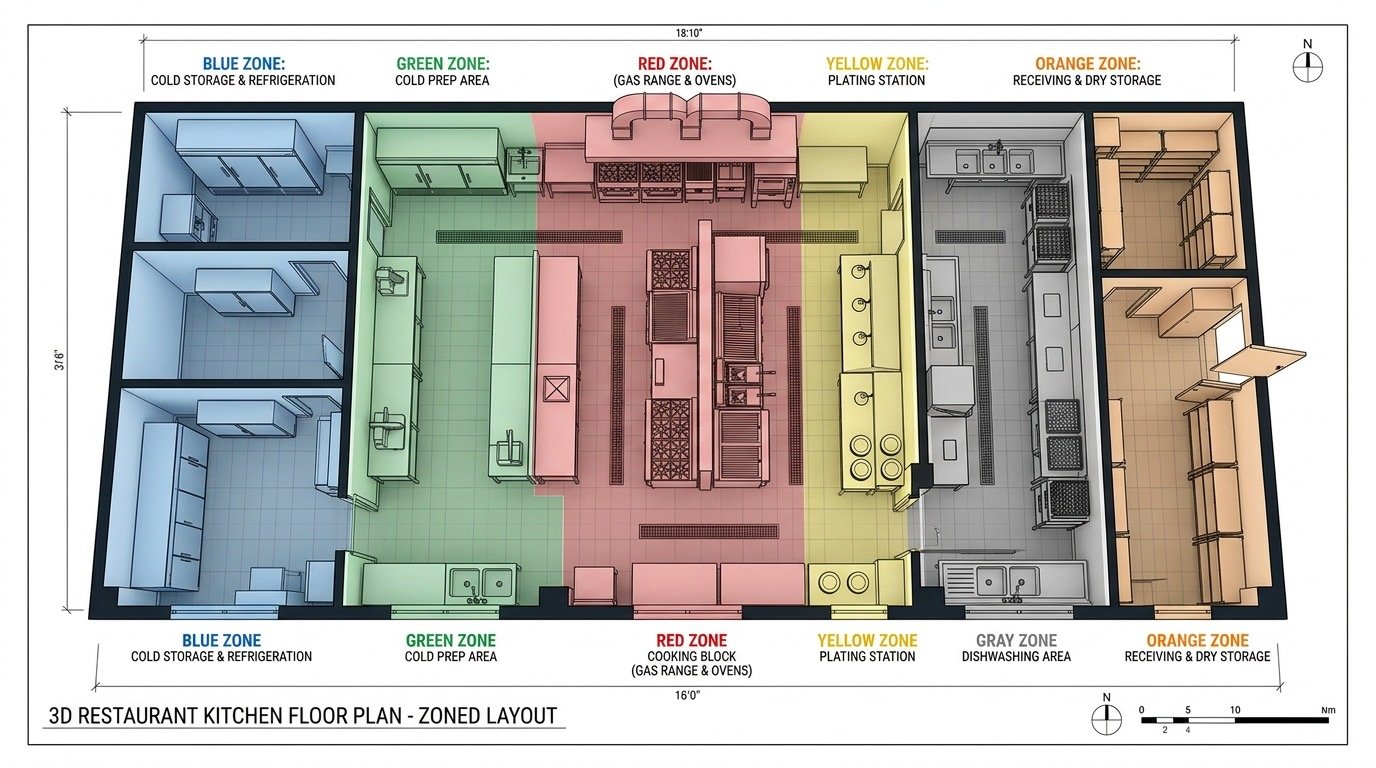 Plano con zonas de una cocina profesional de restaurante: almacen, preparacion, coccion, emplatado y lavado
