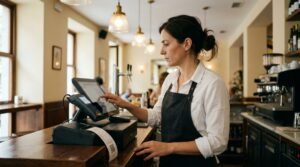 Hostelera operando un TPV adaptado a Verifactu en un bar de Madrid 2026