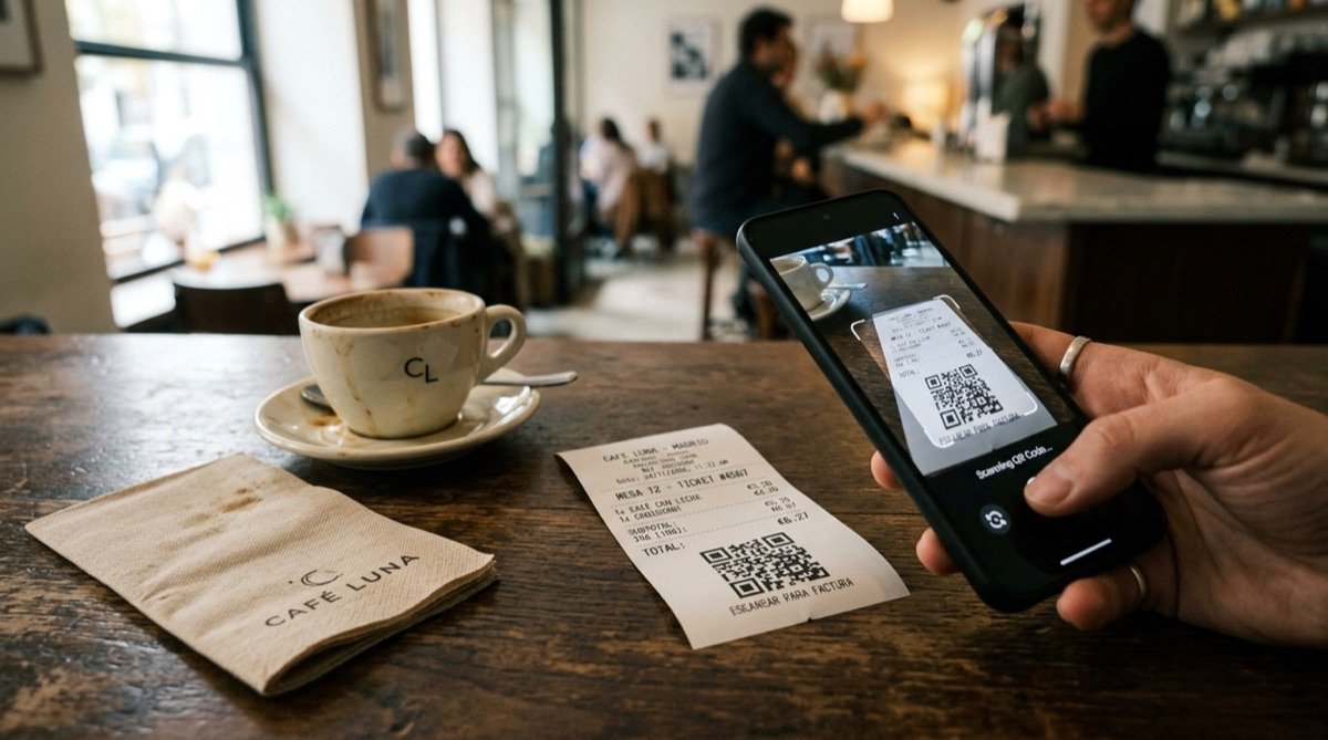 Ticket de restaurante con código QR Verifactu siendo escaneado con un smartphone
