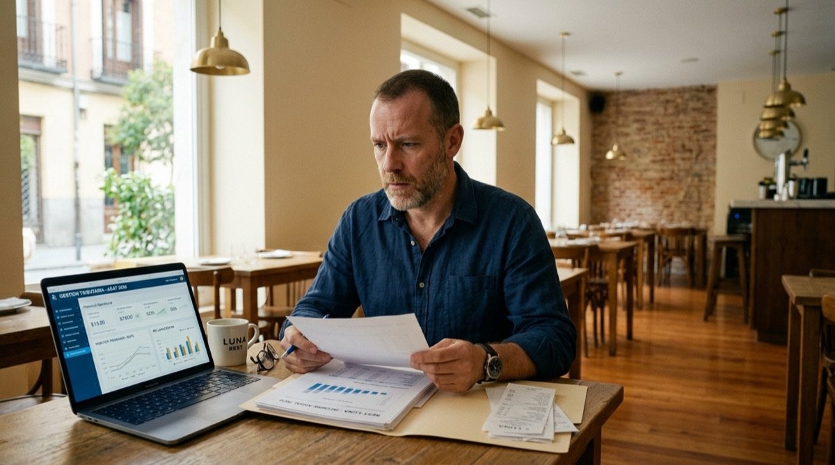 Hostelero revisando informes financieros para preparar una inspección de Hacienda en su restaurante