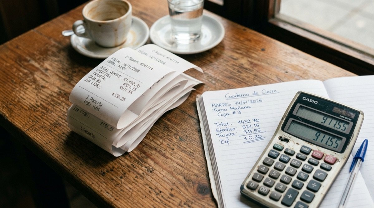 Reconciliación de tickets de TPV con calculadora y libro contable en mesa de restaurante